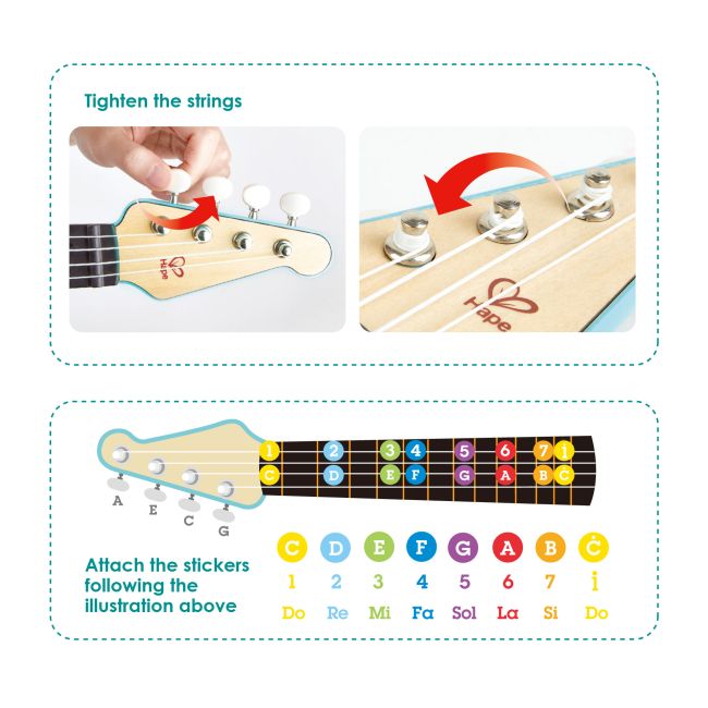Jucarie din lemn – Instrument Ukulele (chitara) alba – invata sa canti cu lumini