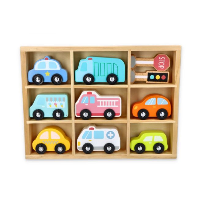 Set de 8 masinute din lemn pentru copii si semne de circulatie Lelin L10328 SUPL10328