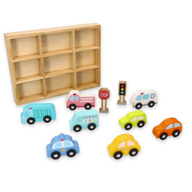Set de 8 masinute din lemn pentru copii si semne de circulatie Lelin L10328 SUPL10328