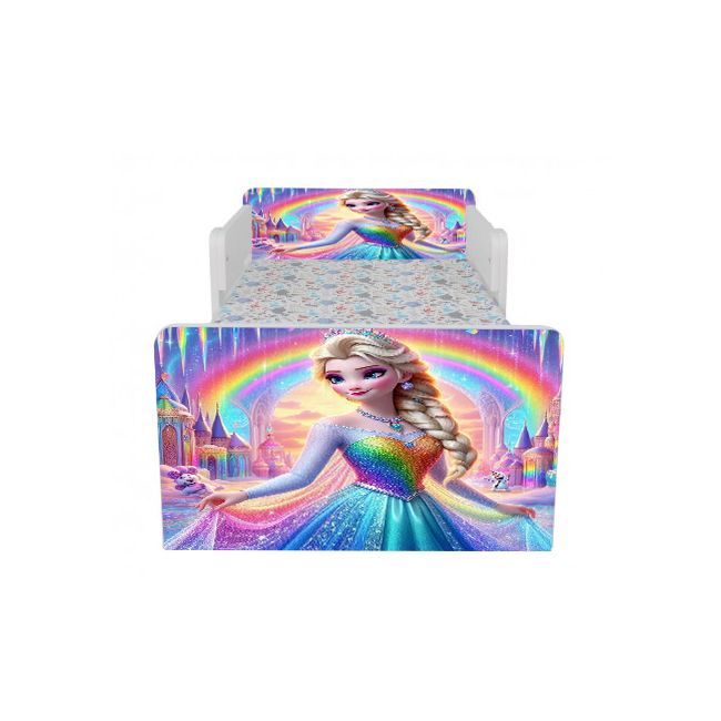 Pat Copii Frozen Rainbow 2-12 ani Cu Paravane Dubla Protectie si Cu Saltea SafeNest 160x80 Cm  Ptv6805