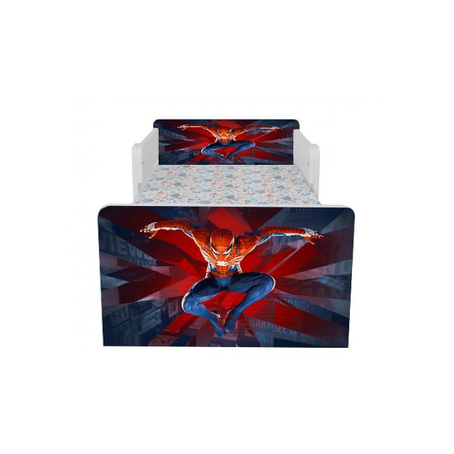 Pat Copii Imprimat Cu Spiderman De Baieti 2-6 Ani Cu Paravane Dubla Protectie Cu Saltea SafeNest 130x60 Cm  Ptv7274