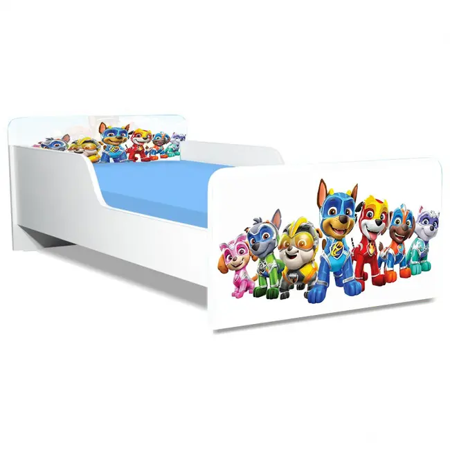 Pat Copii Paw Patrol White Model Creativ 2-6 ani Cu Saltea SafeNest 130x60 Cm  Ptv5354