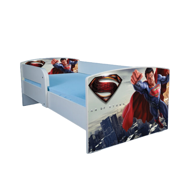 Pat pentru baieti 2-8 ani Superman, Cu Protectie si saltea de 140x70 Cm Ptv3855