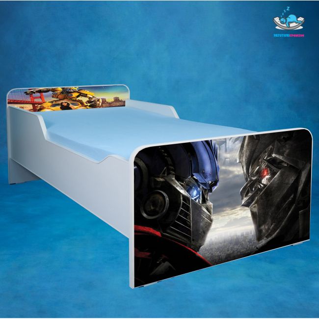 Pat pentru baieti 2-8 ani Transformers, model cu saltea de 140x70 Cm Ptv3617