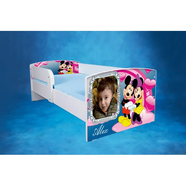 Pat Personalizat Pentru Fete 2-6 Ani Mickey Si Minnie, Cu Protectie Si Saltea SafeNest de 130x60 Cm Ptv2823