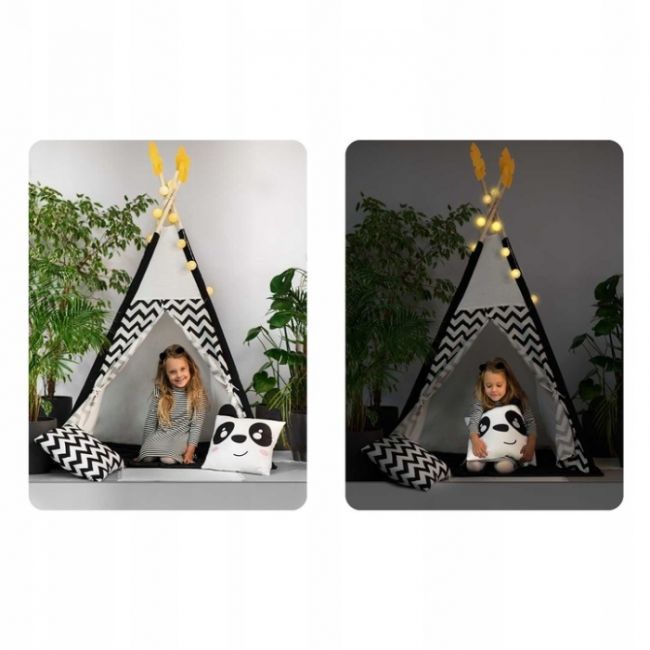 Cort de joaca pentru copii cu ghirlanda, lumini si 2 pernite nukido 120 x 120 x 160 cm - panda edeedi740025