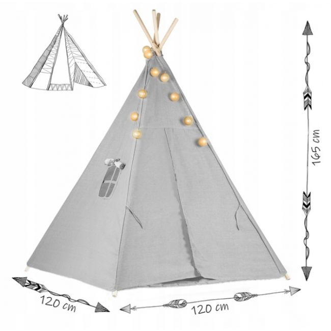 Cort de joaca pentru copii cu ghirlanda, lumini si 3 pernite nukido 120 x 120 x 165 cm - gri edeedi740030