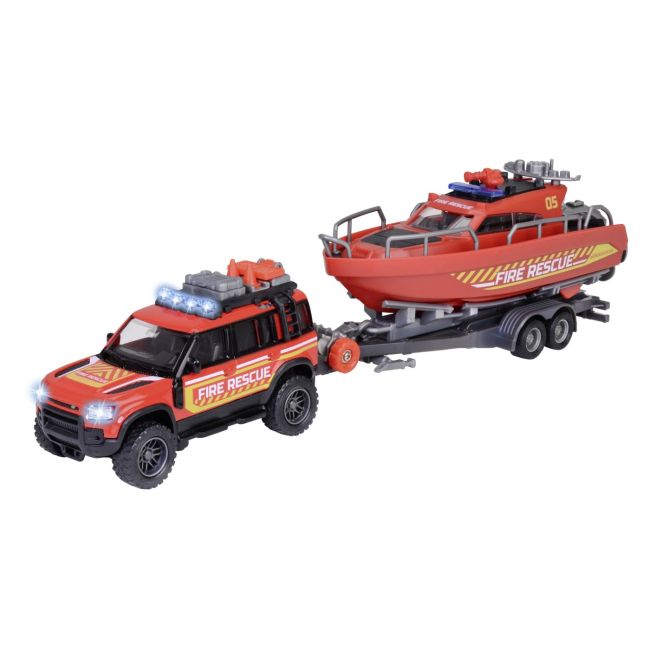 MAJORETTE SET MASINA DE POMPIERI LAND ROVER SI BARCA DE SALVARE VIV213716001038