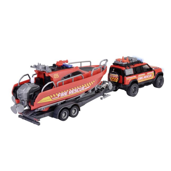 MAJORETTE SET MASINA DE POMPIERI LAND ROVER SI BARCA DE SALVARE VIV213716001038