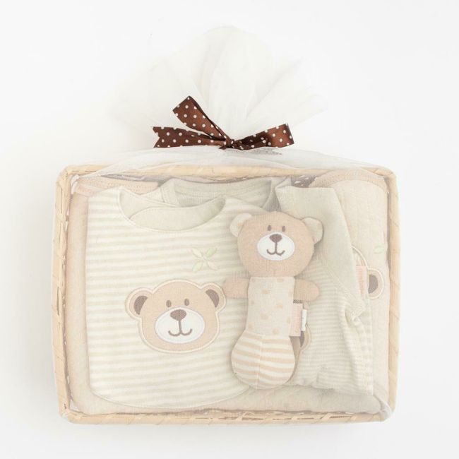 Set cadou 5 piese, New Baby, Din bumbac organic, salopeta, baveta, paturica cu gluga, jucarie, Marime 0 - 3 luni, Beige BYN50140