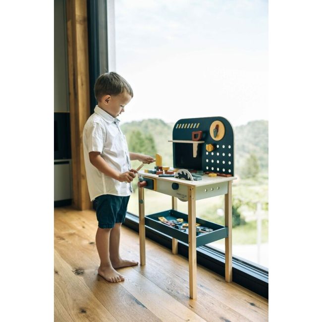 Banc de lucru, Free2Play, My first wooden Work Bench, Cu diverse unelte si accesorii, Pliabil, 55 x 28,5 x 85 cm, 36 luni+, Multicolor BYN85154