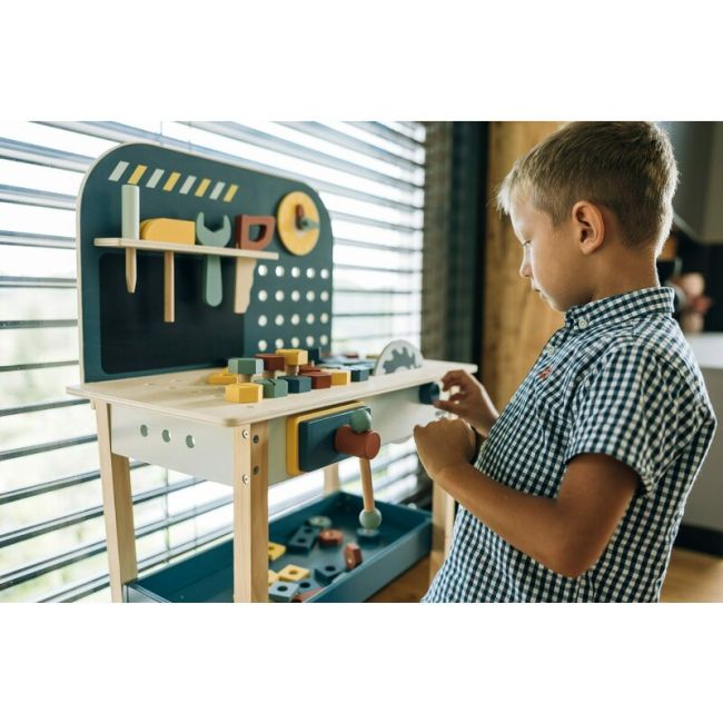 Banc de lucru, Free2Play, My first wooden Work Bench, Cu diverse unelte si accesorii, Pliabil, 55 x 28,5 x 85 cm, 36 luni+, Multicolor BYN85154
