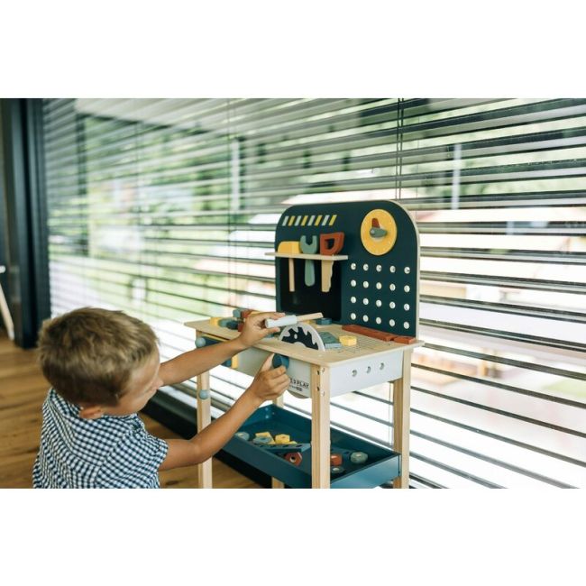 Banc de lucru, Free2Play, My first wooden Work Bench, Cu diverse unelte si accesorii, Pliabil, 55 x 28,5 x 85 cm, 36 luni+, Multicolor BYN85154