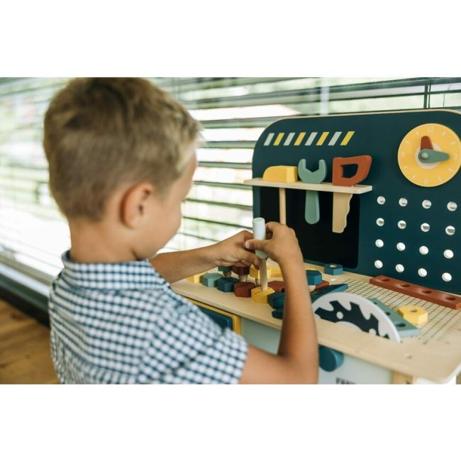 Banc de lucru, Free2Play, My first wooden Work Bench, Cu diverse unelte si accesorii, Pliabil, 55 x 28,5 x 85 cm, 36 luni+, Multicolor BYN85154