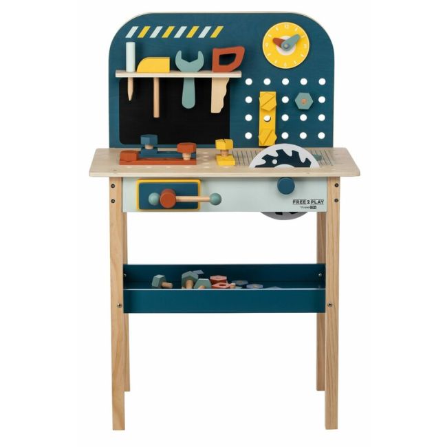 Banc de lucru, Free2Play, My first wooden Work Bench, Cu diverse unelte si accesorii, Pliabil, 55 x 28,5 x 85 cm, 36 luni+, Multicolor BYN85154