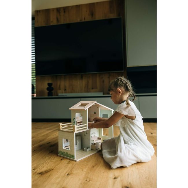 Casuta de papusi, Free2Play, Din lemn, Cu 13 piese de mobilier, Cu acces facil, 52 x 19,5 x 40 cm, 36 luni+, Multicolor BYN85147