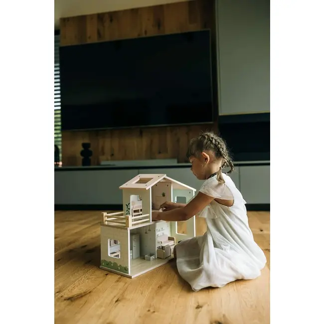 Casuta de papusi, Free2Play, Din lemn, Cu 13 piese de mobilier, Cu acces facil, 52 x 19,5 x 40 cm, 36 luni+, Multicolor BYN85147