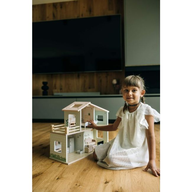 Casuta de papusi, Free2Play, Din lemn, Cu 13 piese de mobilier, Cu acces facil, 52 x 19,5 x 40 cm, 36 luni+, Multicolor BYN85147