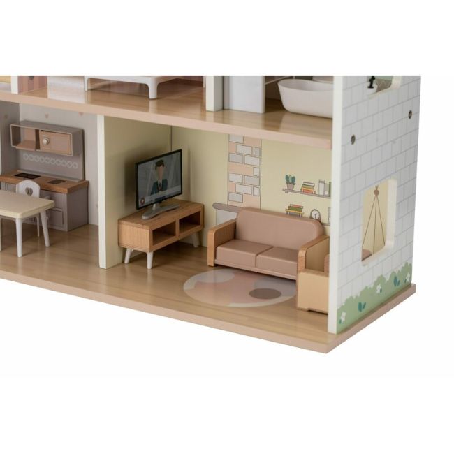 Casuta de papusi, Free2Play, Din lemn, Cu 13 piese de mobilier, Cu acces facil, 52 x 19,5 x 40 cm, 36 luni+, Multicolor BYN85147