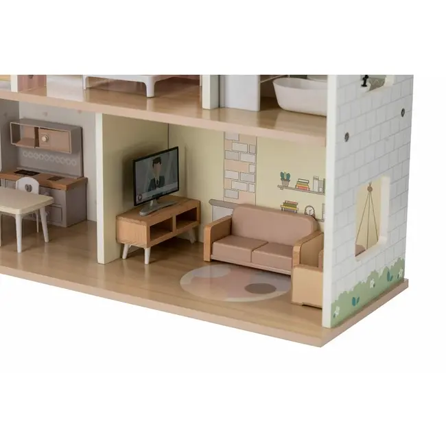 Casuta de papusi, Free2Play, Din lemn, Cu 13 piese de mobilier, Cu acces facil, 52 x 19,5 x 40 cm, 36 luni+, Multicolor BYN85147