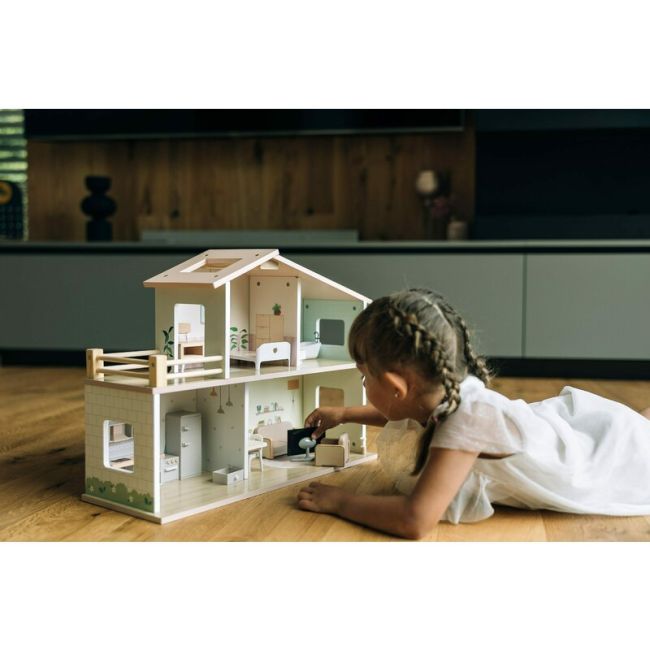 Casuta de papusi, Free2Play, Din lemn, Cu 13 piese de mobilier, Cu acces facil, 52 x 19,5 x 40 cm, 36 luni+, Multicolor BYN85147