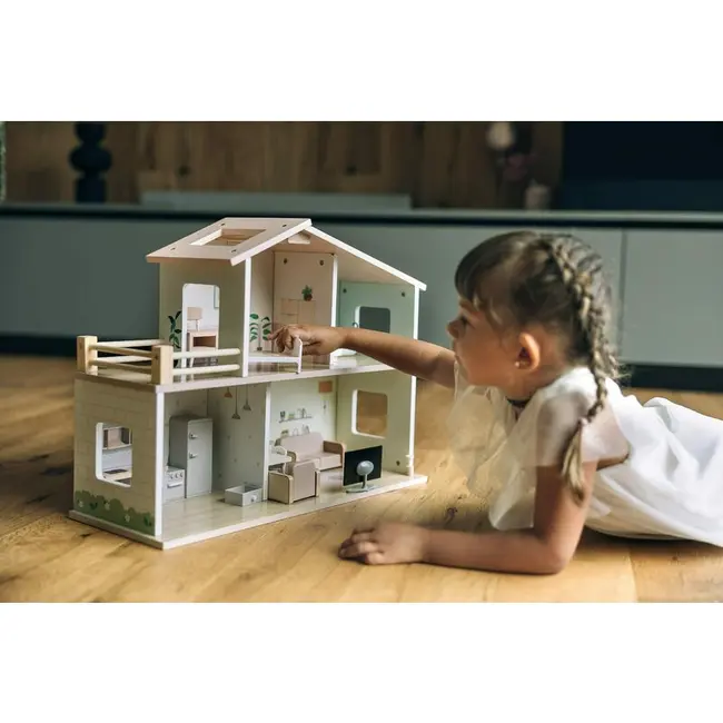 Casuta de papusi, Free2Play, Din lemn, Cu 13 piese de mobilier, Cu acces facil, 52 x 19,5 x 40 cm, 36 luni+, Multicolor BYN85147