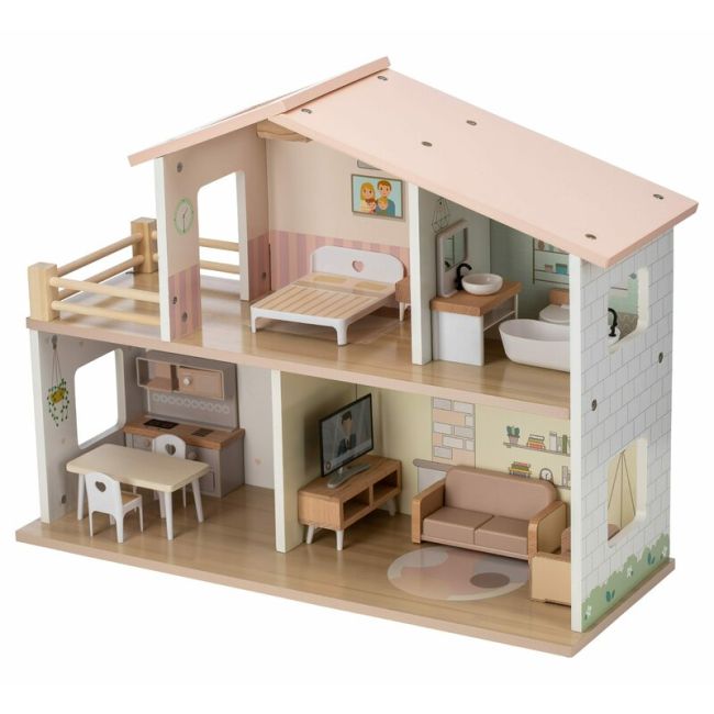 Casuta de papusi, Free2Play, Din lemn, Cu 13 piese de mobilier, Cu acces facil, 52 x 19,5 x 40 cm, 36 luni+, Multicolor BYN85147