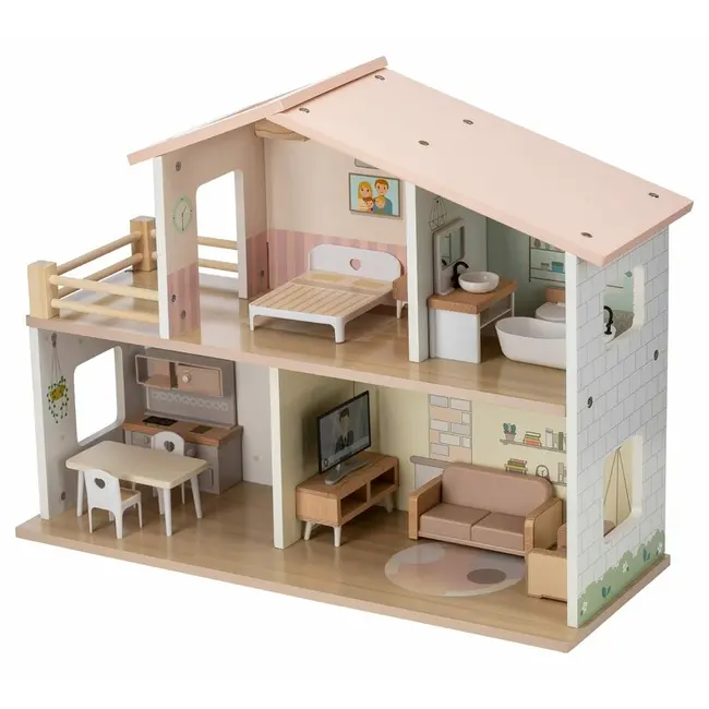 Casuta de papusi, Free2Play, Din lemn, Cu 13 piese de mobilier, Cu acces facil, 52 x 19,5 x 40 cm, 36 luni+, Multicolor BYN85147