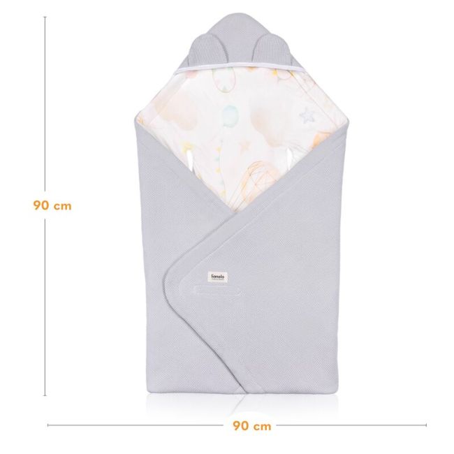 Paturica de infasat, Lionelo, Pentru scoica auto, carucior si landou, Cu multiple utilizari, Cu inchidere arici velcro, Dimensiune 90x90 cm, Din bumbac, TOG 2.5, 12-18 luni, Albastru BYNLO-TRAVEL_SWADDLE_BLANKET_GREY_BALLOON