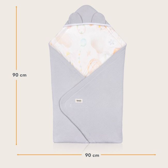 Paturica de infasat, Lionelo, Pentru scoica auto, carucior si landou, Cu multiple utilizari, Cu inchidere arici velcro, Dimensiune 90x90 cm, Din bumbac, TOG 2.5, 12-18 luni, Albastru BYNLO-TRAVEL_SWADDLE_BLANKET_GREY_BALLOON