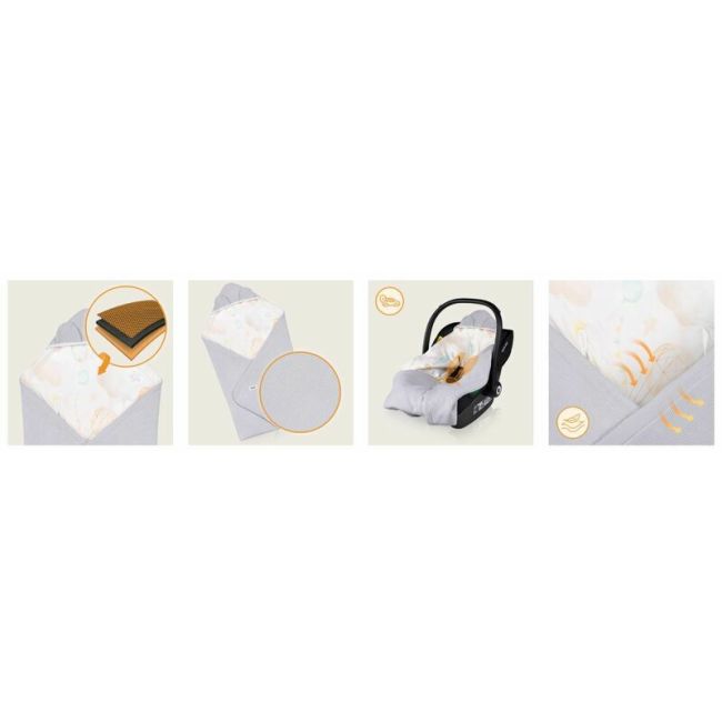 Paturica de infasat, Lionelo, Pentru scoica auto, carucior si landou, Cu multiple utilizari, Cu inchidere arici velcro, Dimensiune 90x90 cm, Din bumbac, TOG 2.5, 12-18 luni, Albastru BYNLO-TRAVEL_SWADDLE_BLANKET_GREY_BALLOON