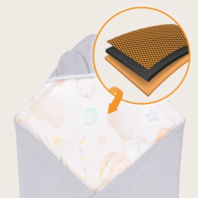 Paturica de infasat, Lionelo, Pentru scoica auto, carucior si landou, Cu multiple utilizari, Cu inchidere arici velcro, Dimensiune 90x90 cm, Din bumbac, TOG 2.5, 12-18 luni, Albastru BYNLO-TRAVEL_SWADDLE_BLANKET_GREY_BALLOON