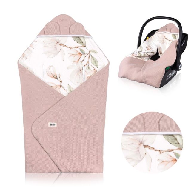 Paturica de infasat, Lionelo, Pentru scoica auto, carucior si landou, Cu multiple utilizari, Cu inchidere arici velcro, Dimensiune 90x90 cm, Din bumbac, TOG 2.5, 12-18 luni, Bej BYNLO-TRAVEL_SWADDLE_BLANKET_BEIGE_MAGNOLIA