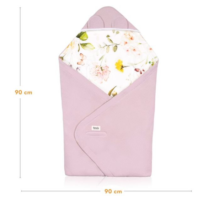 Paturica de infasat, Lionelo, Pentru scoica auto, carucior si landou, Cu multiple utilizari, Cu inchidere arici velcro, Dimensiune 90x90 cm, Din bumbac, TOG 2.5, 12-18 luni, Roz BYNLO-TRAVEL_SWADDLE_BLANKET_PINK_FLOWER