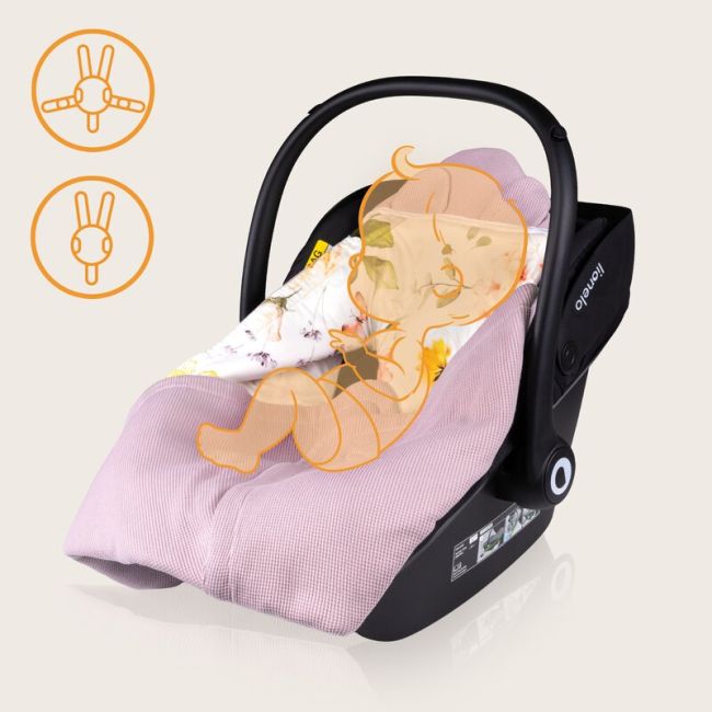 Paturica de infasat, Lionelo, Pentru scoica auto, carucior si landou, Cu multiple utilizari, Cu inchidere arici velcro, Dimensiune 90x90 cm, Din bumbac, TOG 2.5, 12-18 luni, Roz BYNLO-TRAVEL_SWADDLE_BLANKET_PINK_FLOWER