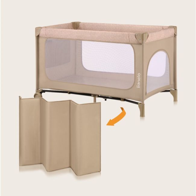 Patut pliant, Lionelo, Jasmin Easy Fold, Pana la 15 kg, Usor de pliat, Cu doua nivele, Cu saltea ergonomica T25, Cu intrare laterala cu fermoar, 2 roti cu frana, 120 x 60 cm, Conform cu EN 716, 0-36 luni, Bej BYNLO-JASMIN_EASY_FOLD_BEIGE_SAND