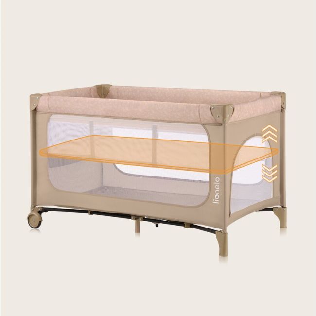 Patut pliant, Lionelo, Jasmin Easy Fold, Pana la 15 kg, Usor de pliat, Cu doua nivele, Cu saltea ergonomica T25, Cu intrare laterala cu fermoar, 2 roti cu frana, 120 x 60 cm, Conform cu EN 716, 0-36 luni, Bej BYNLO-JASMIN_EASY_FOLD_BEIGE_SAND