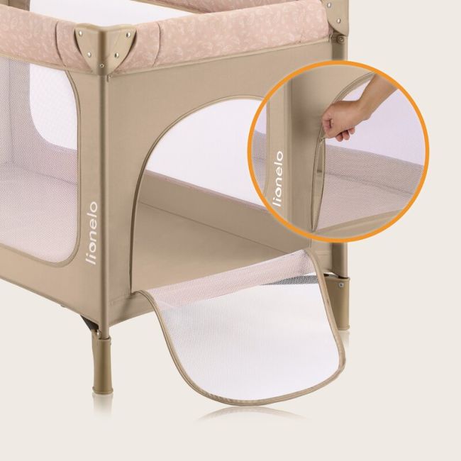 Patut pliant, Lionelo, Jasmin Easy Fold, Pana la 15 kg, Usor de pliat, Cu doua nivele, Cu saltea ergonomica T25, Cu intrare laterala cu fermoar, 2 roti cu frana, 120 x 60 cm, Conform cu EN 716, 0-36 luni, Bej BYNLO-JASMIN_EASY_FOLD_BEIGE_SAND