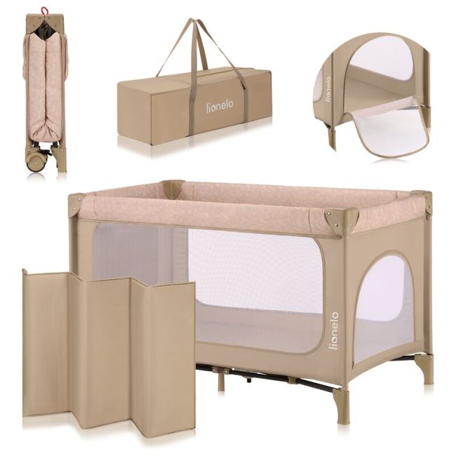 Patut pliant, Lionelo, Jasmin Easy Fold, Pana la 15 kg, Usor de pliat, Cu doua nivele, Cu saltea ergonomica T25, Cu intrare laterala cu fermoar, 2 roti cu frana, 120 x 60 cm, Conform cu EN 716, 0-36 luni, Bej BYNLO-JASMIN_EASY_FOLD_BEIGE_SAND