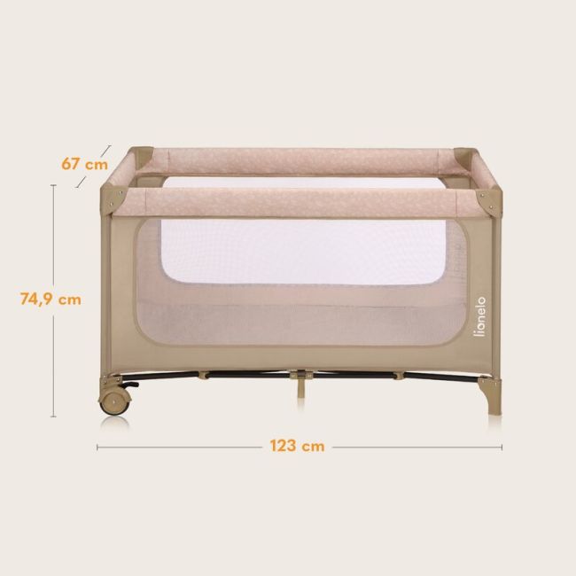 Patut pliant, Lionelo, Jasmin Easy Fold, Pana la 15 kg, Usor de pliat, Cu doua nivele, Cu saltea ergonomica T25, Cu intrare laterala cu fermoar, 2 roti cu frana, 120 x 60 cm, Conform cu EN 716, 0-36 luni, Bej BYNLO-JASMIN_EASY_FOLD_BEIGE_SAND