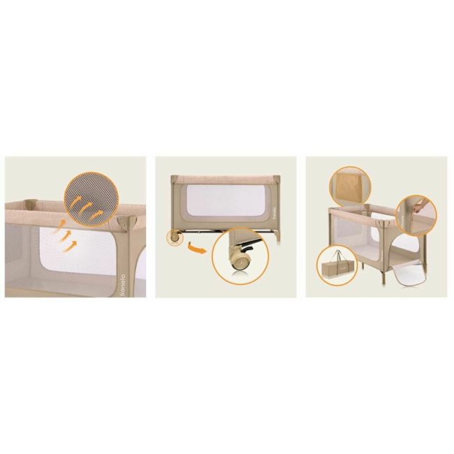 Patut pliant, Lionelo, Jasmin Easy Fold, Pana la 15 kg, Usor de pliat, Cu doua nivele, Cu saltea ergonomica T25, Cu intrare laterala cu fermoar, 2 roti cu frana, 120 x 60 cm, Conform cu EN 716, 0-36 luni, Bej BYNLO-JASMIN_EASY_FOLD_BEIGE_SAND