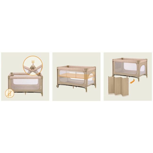 Patut pliant, Lionelo, Jasmin Easy Fold, Pana la 15 kg, Usor de pliat, Cu doua nivele, Cu saltea ergonomica T25, Cu intrare laterala cu fermoar, 2 roti cu frana, 120 x 60 cm, Conform cu EN 716, 0-36 luni, Bej BYNLO-JASMIN_EASY_FOLD_BEIGE_SAND
