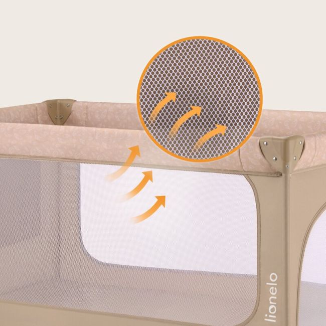Patut pliant, Lionelo, Jasmin Easy Fold, Pana la 15 kg, Usor de pliat, Cu doua nivele, Cu saltea ergonomica T25, Cu intrare laterala cu fermoar, 2 roti cu frana, 120 x 60 cm, Conform cu EN 716, 0-36 luni, Bej BYNLO-JASMIN_EASY_FOLD_BEIGE_SAND