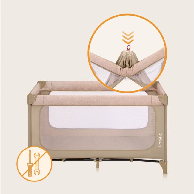 Patut pliant, Lionelo, Jasmin Easy Fold, Pana la 15 kg, Usor de pliat, Cu doua nivele, Cu saltea ergonomica T25, Cu intrare laterala cu fermoar, 2 roti cu frana, 120 x 60 cm, Conform cu EN 716, 0-36 luni, Bej BYNLO-JASMIN_EASY_FOLD_BEIGE_SAND