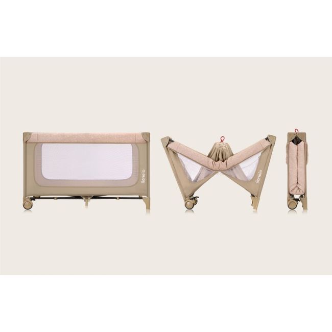 Patut pliant, Lionelo, Jasmin Easy Fold, Pana la 15 kg, Usor de pliat, Cu doua nivele, Cu saltea ergonomica T25, Cu intrare laterala cu fermoar, 2 roti cu frana, 120 x 60 cm, Conform cu EN 716, 0-36 luni, Bej BYNLO-JASMIN_EASY_FOLD_BEIGE_SAND