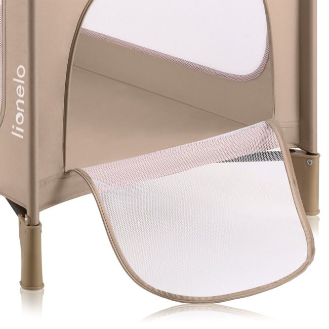 Patut pliant, Lionelo, Jasmin Easy Fold, Pana la 15 kg, Usor de pliat, Cu doua nivele, Cu saltea ergonomica T25, Cu intrare laterala cu fermoar, 2 roti cu frana, 120 x 60 cm, Conform cu EN 716, 0-36 luni, Bej BYNLO-JASMIN_EASY_FOLD_BEIGE_SAND
