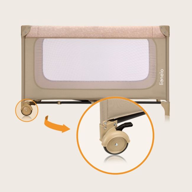Patut pliant, Lionelo, Jasmin Easy Fold, Pana la 15 kg, Usor de pliat, Cu doua nivele, Cu saltea ergonomica T25, Cu intrare laterala cu fermoar, 2 roti cu frana, 120 x 60 cm, Conform cu EN 716, 0-36 luni, Bej BYNLO-JASMIN_EASY_FOLD_BEIGE_SAND