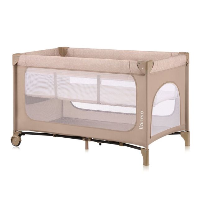 Patut pliant, Lionelo, Jasmin Easy Fold, Pana la 15 kg, Usor de pliat, Cu doua nivele, Cu saltea ergonomica T25, Cu intrare laterala cu fermoar, 2 roti cu frana, 120 x 60 cm, Conform cu EN 716, 0-36 luni, Bej BYNLO-JASMIN_EASY_FOLD_BEIGE_SAND
