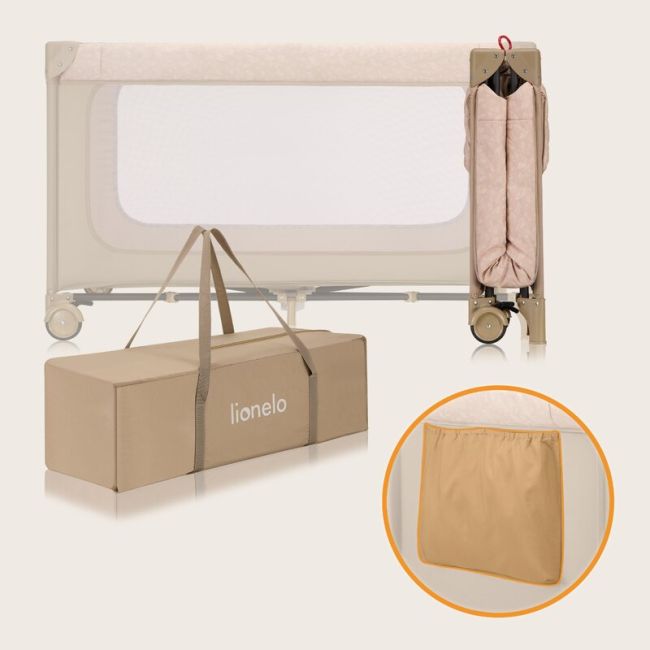Patut pliant, Lionelo, Jasmin Easy Fold, Pana la 15 kg, Usor de pliat, Cu doua nivele, Cu saltea ergonomica T25, Cu intrare laterala cu fermoar, 2 roti cu frana, 120 x 60 cm, Conform cu EN 716, 0-36 luni, Bej BYNLO-JASMIN_EASY_FOLD_BEIGE_SAND
