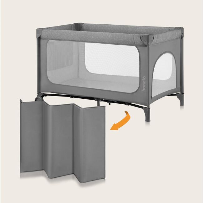 Patut pliant, Lionelo, Jasmin Easy Fold, Pana la 15 kg, Usor de pliat, Cu doua nivele, Cu saltea ergonomica T25, Cu intrare laterala cu fermoar, 2 roti cu frana, 120 x 60 cm, Conform cu EN 716, 0-36 luni, Gri BYNLO-JASMIN_EASY_FOLD_GREY_STONE
